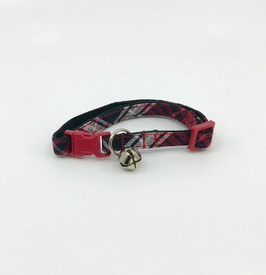 Holiday Cat Collar With Flower Or Bow Tie Red And Black Plaid, Breakaway Cat Collar Sizes S Kitten, Medium, Large - image2